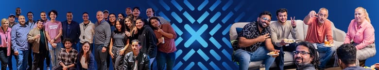 Coupa employees grouped together on the left and sitting on the right.